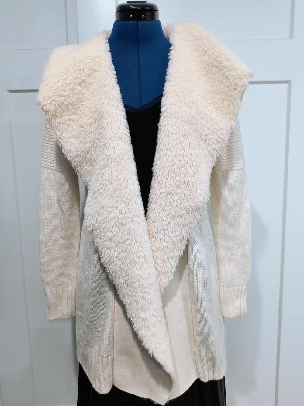 Cato Cream Faux-Shearling Collar Open Front Cardigan